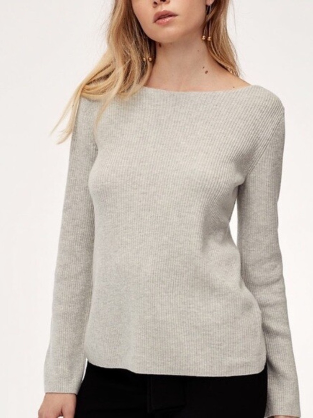 Babaton Aritzia Kitano Grey Ribbed Wool Blend Cross Back Sweater